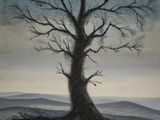 une peinture représentant un arbre sur une colline, avec le ciel en arrière-plan