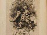 a drawing of a man playing a guitar in the woods