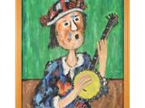 une peinture à l'huile représentant une femme avec une guitare devant un fond vert