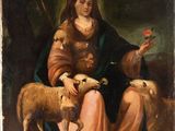 an image of a painting of jesus with sheep and a rose