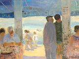 une peinture représentant un groupe de personnes sur la plage