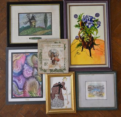 Lot de six pièces encadrées décoratives.