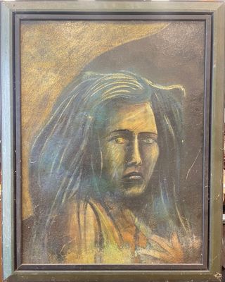 painting of a woman with long hair in a frame