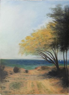 une peinture à l'huile représentant un chemin de terre menant à l'océan