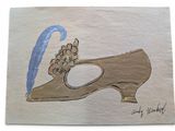 drawing of a pair of shoes with a blue feather on the heel