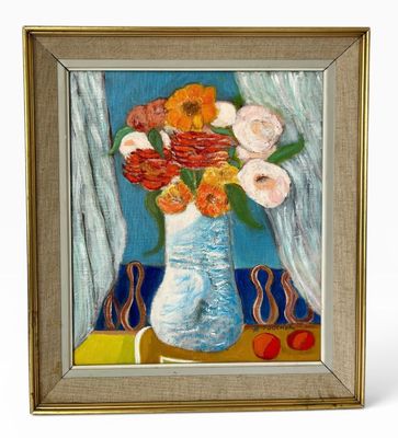 une peinture de fleurs dans un vase bleu sur une table