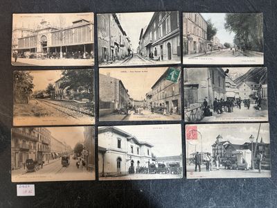 several old black and white photos of old buildings and people