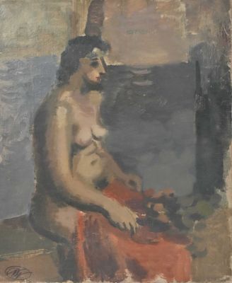 an oil painting of a man sitting on a bench with a hat on