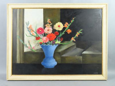 a painting of a blue vase with flowers in it