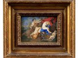 an old painting of a woman on a horse with a man on a horse