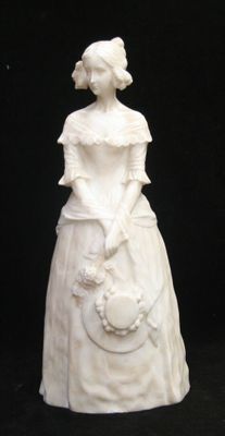 a white statue of a woman with a purse on a black background