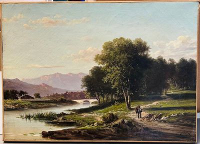 un tableau représentant un homme et une femme marchant sur un sentier au bord d'une rivière