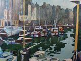 painting of boats docked in a harbor with buildings in the background