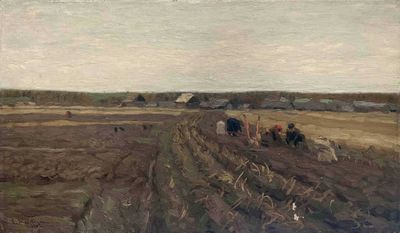 un tableau représentant une ferme avec une charrue au milieu du champ