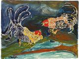 painting of two roosters in a field with water and sky in the background