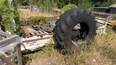 un pneu posé dans l'herbe, près d'une clôture