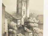 un vieux dessin en noir et blanc représentant un château sur une colline
