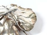 a close up of a silver brooch with a leaf on it