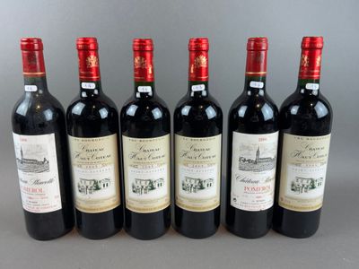 six bottles of red wine lined up in a row
