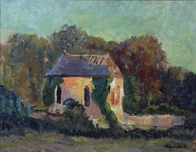 an oil painting of a house in a field with trees in the background