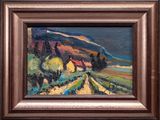 an oil painting of a landscape with houses and mountains in the background