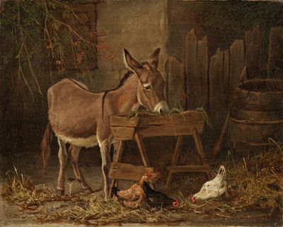 tableau représentant un âne et des poules dans une grange avec du foin