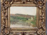 un tableau représentant un paysage avec une rivière au premier plan et un pont au loin