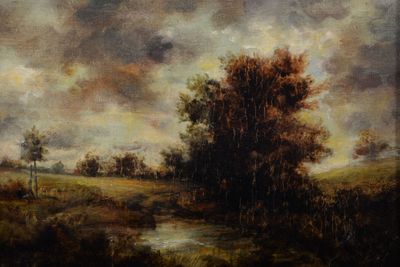 painting of a landscape with a river and trees on a cloudy day