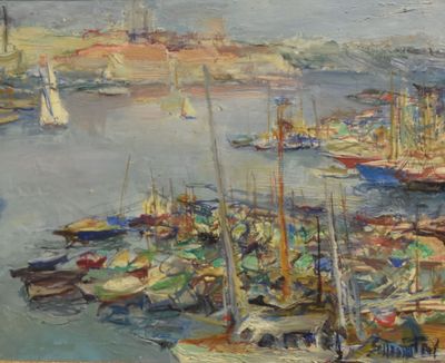a painting of a harbor filled with lots of boats