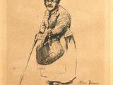 dessin représentant une vieille femme avec un panier et une canne