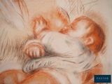 drawing of a baby sleeping on a pillow with a pillow behind it