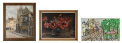 three framed paintings of a city street with buildings and trees