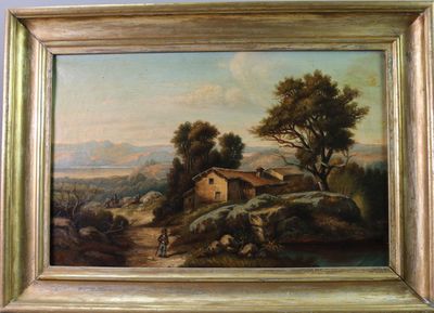 une peinture à l'huile représentant une scène de campagne avec une maison et des arbres