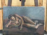 tableau représentant une femme allongée sur un lit, posé sur un chevalet