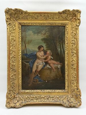 un vieux tableau représentant un couple assis sur un rocher dans un décor boisé