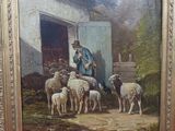 tableau représentant un homme s'occupant d'un troupeau de moutons devant une grange