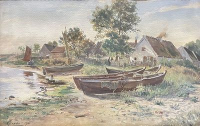 a painting of two boats on the shore of a river