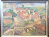 une peinture à l'huile représentant un village avec un pont enjambant une rivière
