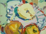 un tableau représentant deux pommes et une banane posées sur une table