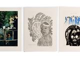 four prints of different types of art are displayed on a white surface