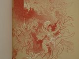 an old book with a drawing of a woman on a horse and a man on a horse