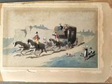 painting of a group of people riding on horses and a horse drawn carriage