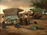 painting of a group of people standing around a covered wagon