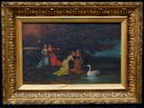 a painting of a woman and two swans in a lake