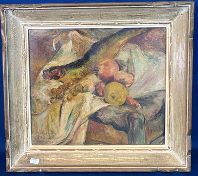 tableau représentant une nature morte avec des fruits et un oiseau posés sur une table