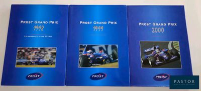 two blue brochures with pictures of a racing car and a photo of a man driving a car