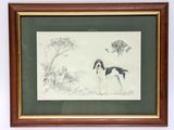 painting of a dog and a bird in a frame on a wall