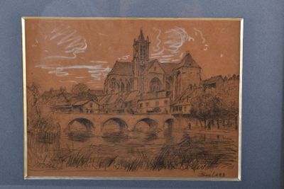 dessin représentant un château avec, devant, un pont enjambant une rivière