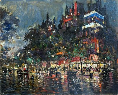 an oil painting of a city street with people walking in the rain