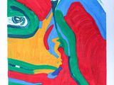 abstract painting of a woman ' s face with a red, yellow, green, and blue background